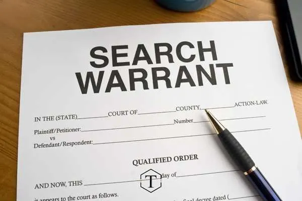 a search warrant and pen on a desk